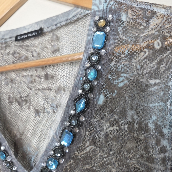 Vtg Y2K David Cline Mesh Fishnet Floral Burnout Embellished Top Grunge Fairy Lrg - Picture 4 of 9